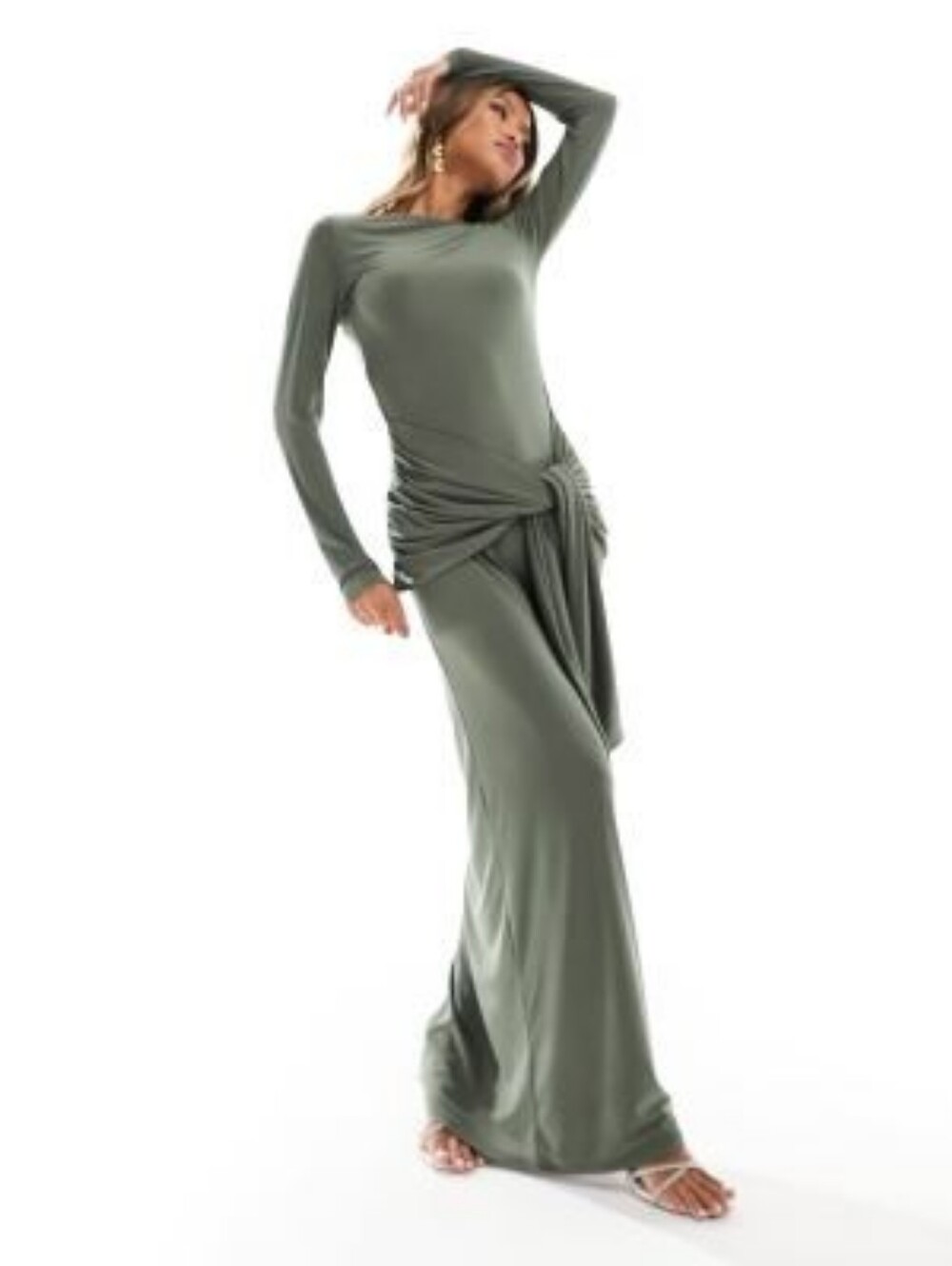 ASOS DESIGN NWT Tie Front Exaggerated Drape Maxi Dress in Green Khaki Large